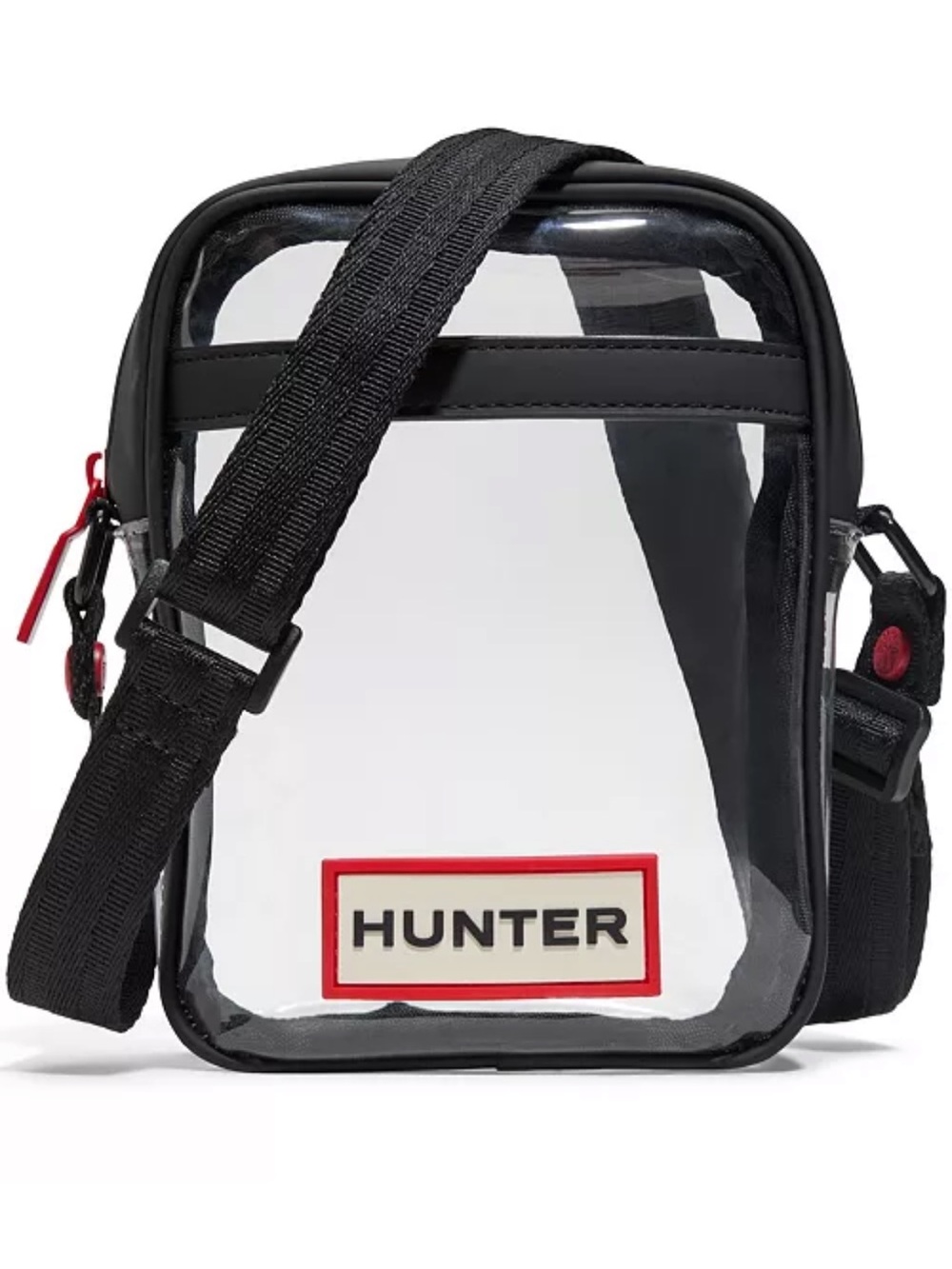 Hunter Clear Crossbody Transfer Bag with Black Trim and Red Logo Accent